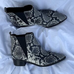 Marc Fisher snakeskin print leather ankle boots with small block heel.